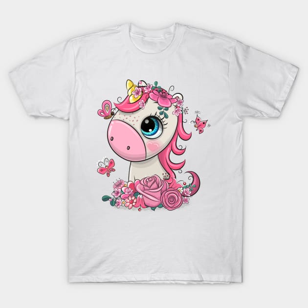 Cute baby unicorn with flowers T-Shirt by Reginast777